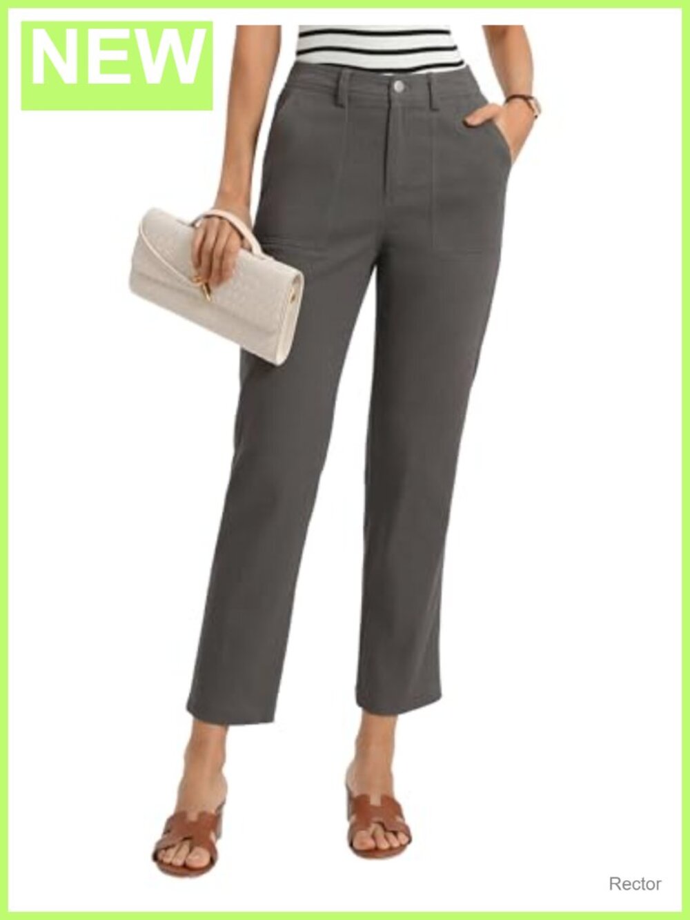 High Waist Tapered Ankle Trousers with Pockets Work Pants Cotton Stretch